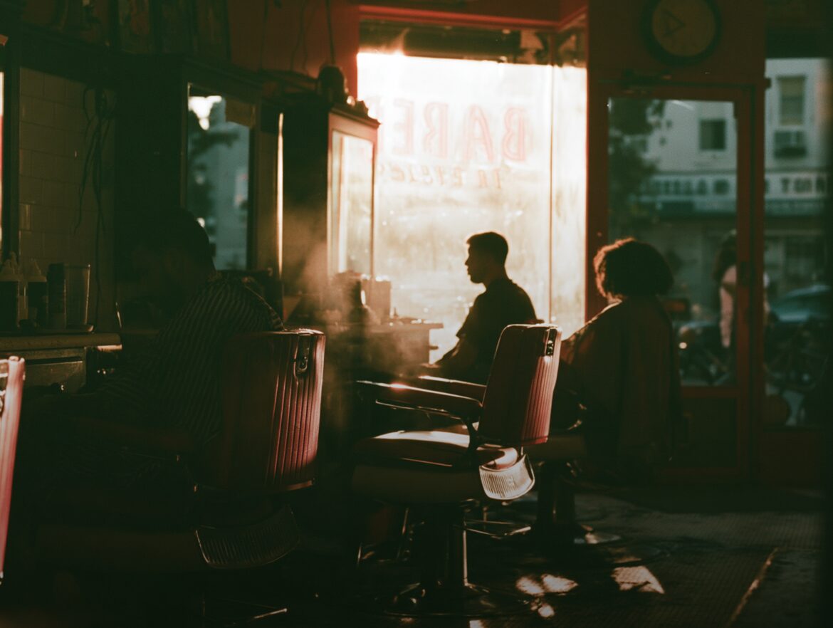 Barbershop interior at golden hour